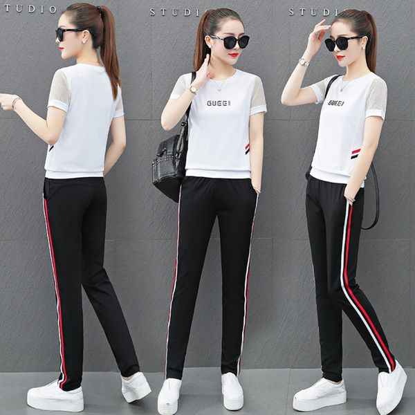 

sports women's summer new 2020 sportswear sportswear trousers sports suit korean style elegant short-sleeved trousers cotton breathable, Gray