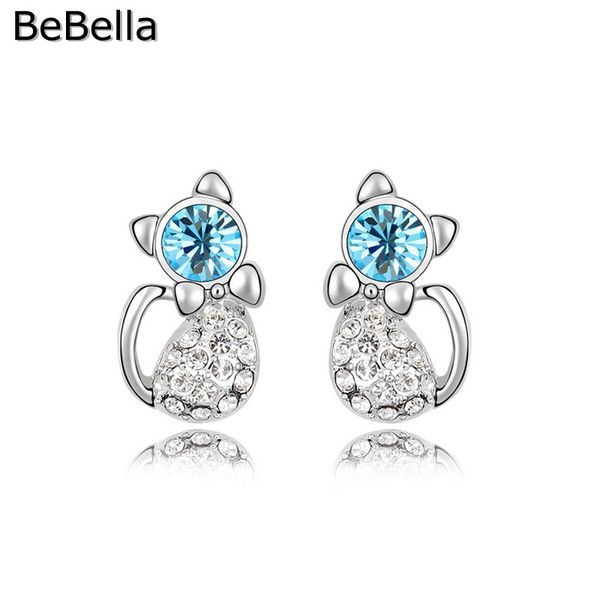 

bebella cute kitten cat stud earrings with czech crystals fashion jewelry gift for women girls kids children, Golden;silver