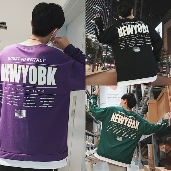 

перт мужской свитер 2020 новый осенний круглый шею top sweatert футболку sweaterletter печати поддельные из двух частей с длинным рукавом фу, Black