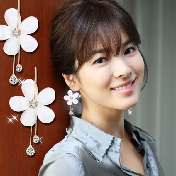 

korean petal jewelry long tassel big white acrylic flower earrings for women wedding golden round drop earrings, Silver