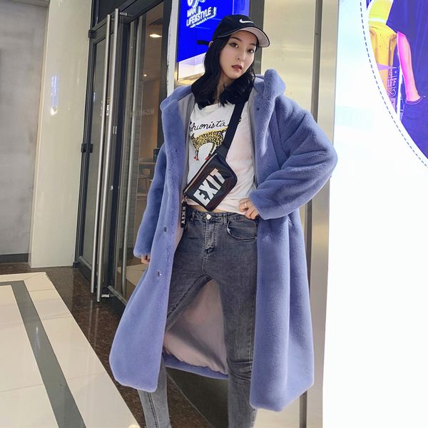 

2020 autumn winter coat women long imitation plush coat hooded fake fur jacket fashion loose thick warm overcoat women, Black
