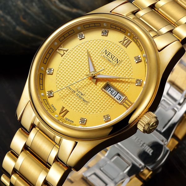 

wristwatches nesun swiss fashion brand watch men's automatic mechanical business casual stainless steel luminous waterproof watches, Slivery;brown