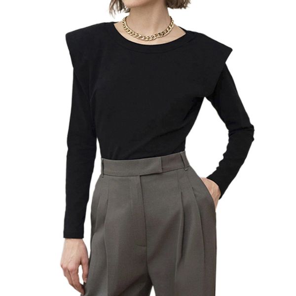 

spring autumn women fashion long sleeve shoulder pads ladies solid color blouse for work daily wear, White