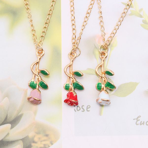 

doreenbeads fashion necklace for women necklace gold color red & green rose flower enamel 45cm(17 6/8") long, 1 piece, Silver