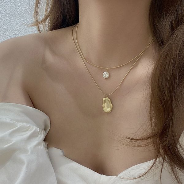 

korean style gold silver color double chain imitation pearl necklace&pendant irregular geometric square