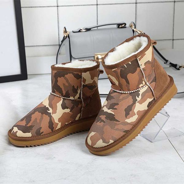 

100% natural wool sheepskin genuine leather waterproof ankle boots women australia classic camouflage winter shoes keep warm, Black