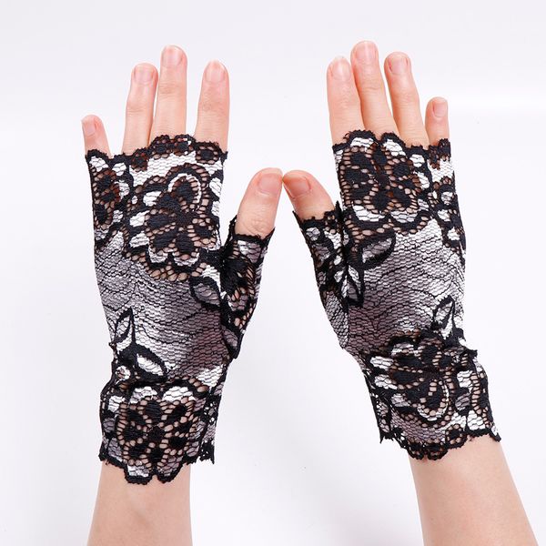 

summer female half finger sunscreen short lace gloves women driving rose flower pattern fingerless bright line sun gloves, Blue;gray
