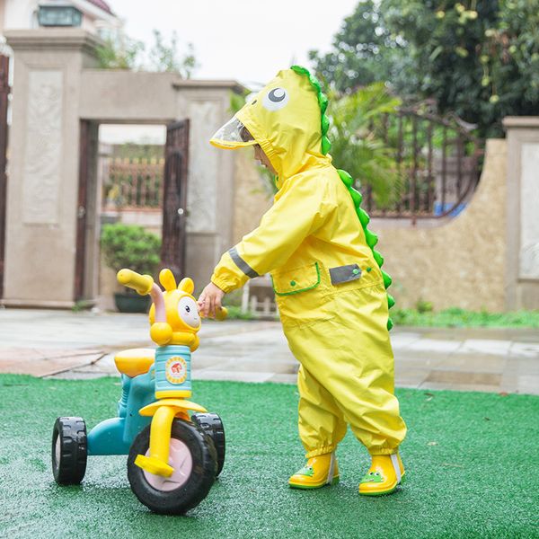 

2-9 years children fashionable waterproof jumpsuit raincoat hooded cartoon dinosaur kids one-piece rain coat baby tour rain gear lj200918, Red;brown