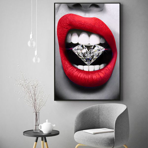 

личность sexy красоты red lip с алмазное холст плакаты и печать отпечатано на холсте стена для гостиной украшение изображение