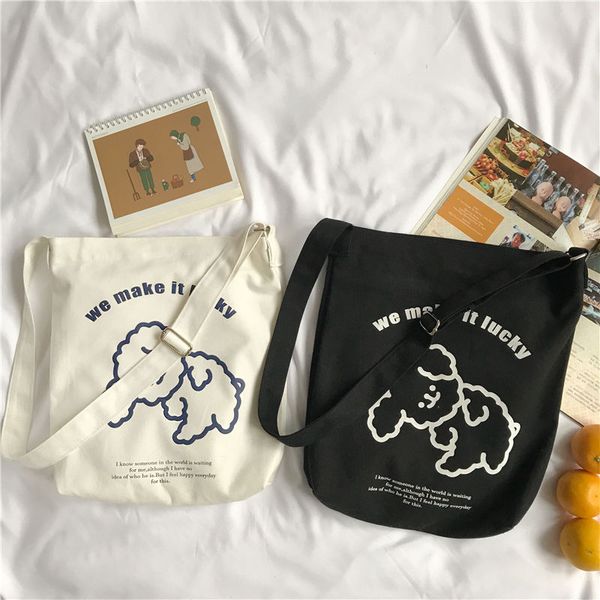 

new cotton canvas women shoulder bag cute dog teenager girls crossbody book bags large capacity female shopping bags casual tote