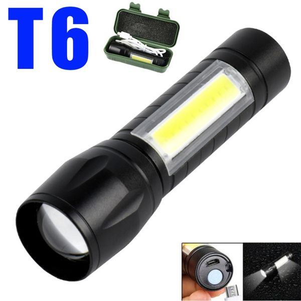 

led cob rechargeable portable lamp 3-mode usb t6 torch zoomable light
