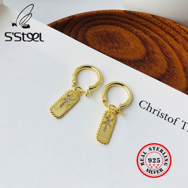 

s'steel 925 sterling silver hoop earrings for women zircon gold snowflake hoops earring geometric earing minimalist fine jewelry, Golden;silver