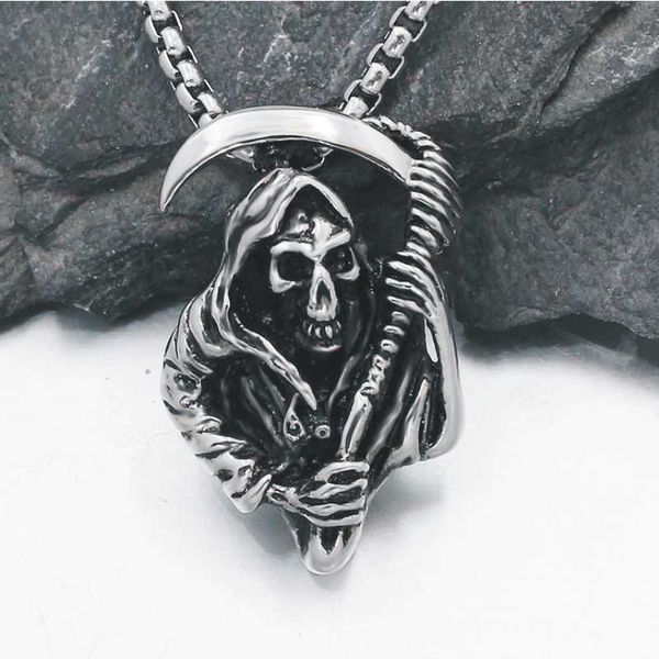 

pendant necklaces titanium steel cross skull grim reaper scythe necklace for men personality hip hop punk trend party jewelry, Silver
