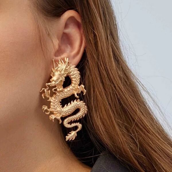 

dangle & chandelier women's earrings punk gold tone firery dragon stud for women chic metal statement aesthetic ear rings, Silver