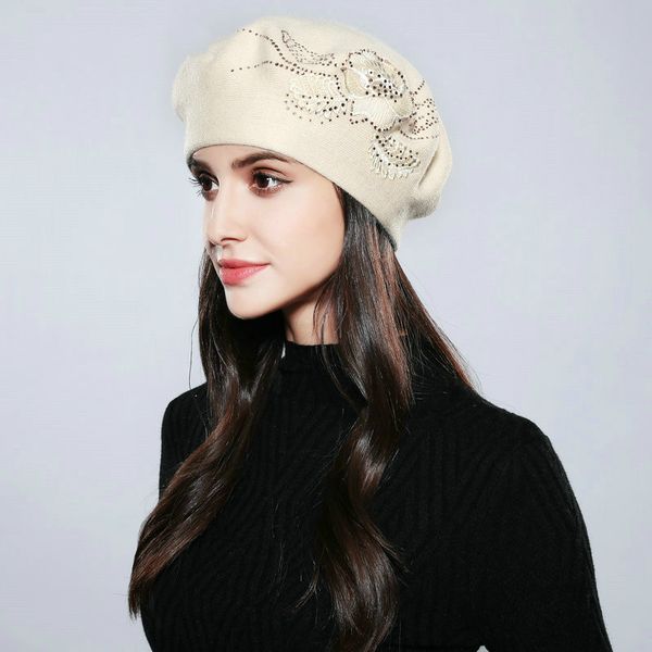 

berets women's hair flashing rhinestone winter hat female trendy beret knitted beanies solid color for girls warm bonnet, Blue;gray