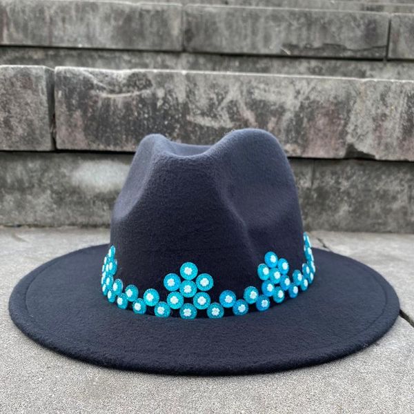 

big size wool women black fedora hat acrylic gems wide brim flower jazz cap panama sun hat, Blue;gray