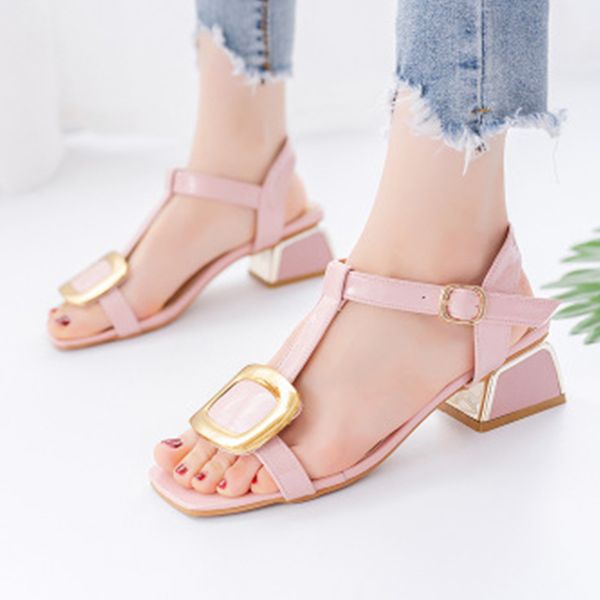 

summer woman sandals female t-buckle strap ladies heel women fashion square toe shoes women's comfortbale footwear plus size, Black