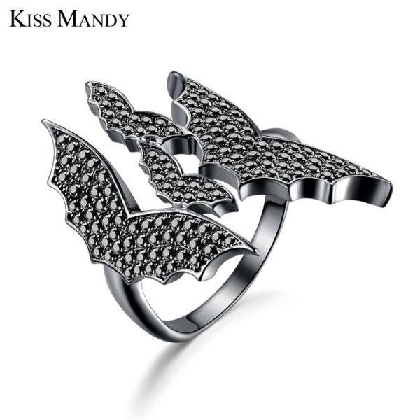 

kiss mandy women men ring original flying bat shape shiny black clear cz 24 mm width big rings for girl party jewelry lr164, Golden;silver