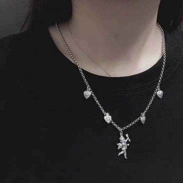 

chains cute girl stylish e-girl cupid heart shaped pendant stainless steel necklace angel love chain choker collar fashion accessories, Silver