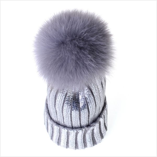 

new winter metallic pink ball beanie hat for women fluffy double faux fur pom pom knitted skullies beanie with pompom ski, Blue;gray