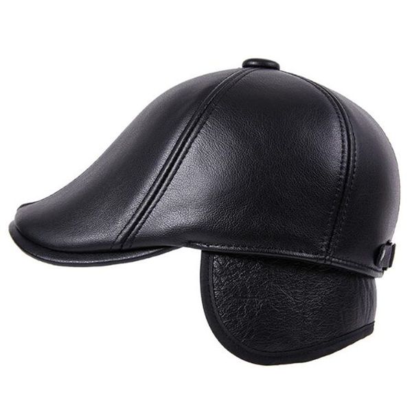 

winter earmuffs cap men's cowhide leather berets genuine leather cap new thick velvet warm winter hats for the elderly dad's hat, Blue;gray