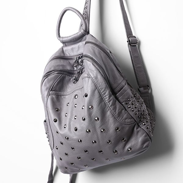 

new arrival soft leather women backpack washed leather female bag rivet fashion travel big backpack teen schoolbag sale