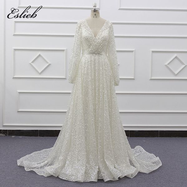 

Eslieb 2020 Designer A line wedding dress amanda novias real work full beading bridal make up, Ivory