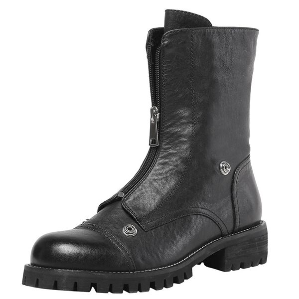 

fashion women ankle boots new autumn winter warm boots zipper motocycle vintage genuine leather round toe black zip
