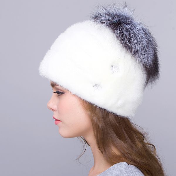

jkp new female with fur hat for women warm winter whole animal mink cap with fur in hat dhy18-02, Blue;gray