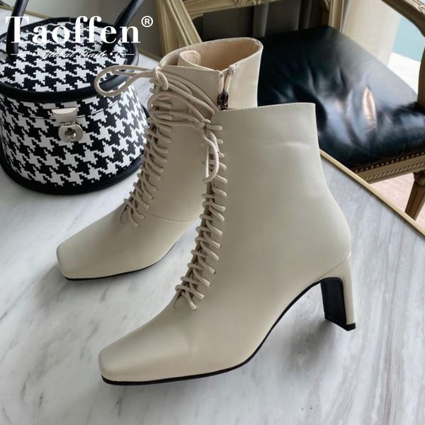 

taoffen size 35-42 women ankle boots fashion high heel cross strap winter shoes women zipper office ladies street footwear, Black