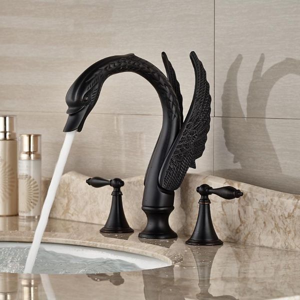 

dual handles deck mount swan shape lavatory sink mixer faucet bathroom mixer taps in oil rubbed bronze