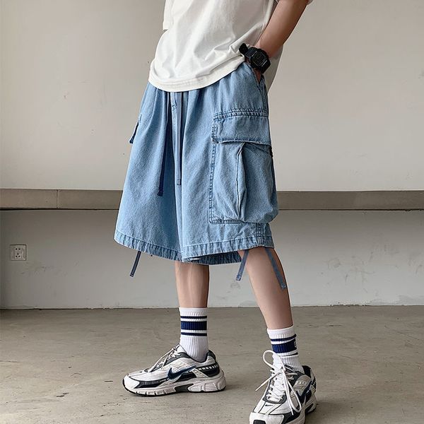 

men's shorts 2021 summer youth loose solid color big pocket five-point overalls fashion casual wide-leg pants blue / black, White;black