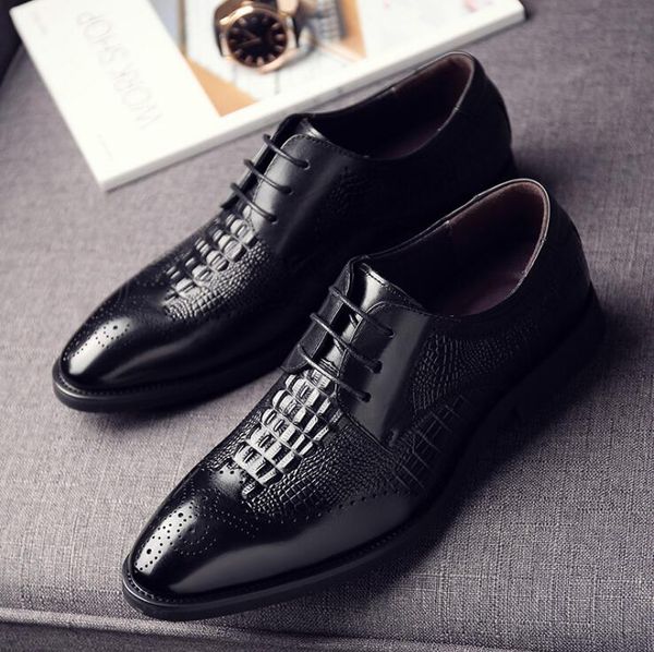 

2020 fashion new men luxury dress shoes italian men brogue wedding lace up leather formal party oxfords pointed toe shoes, Black