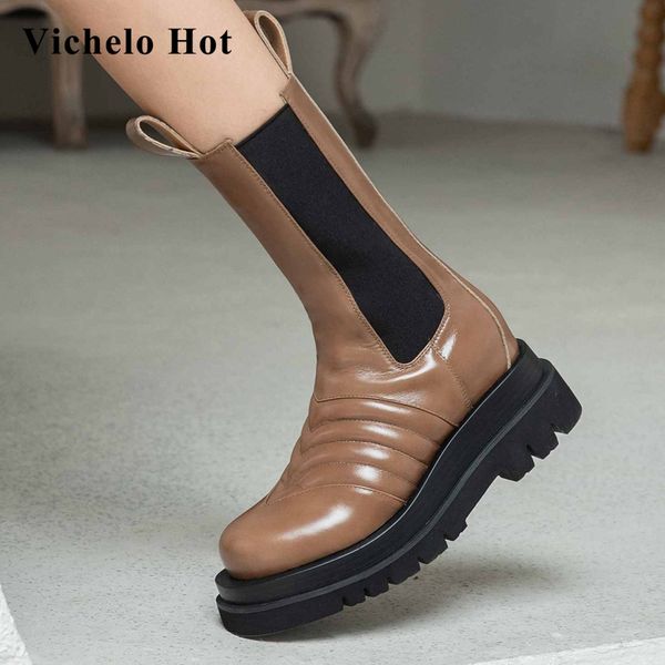 

vichelo natural leather high street fashion winter new shoes round toe high heels thick bottom keep warm mid-calf boots l56, Black
