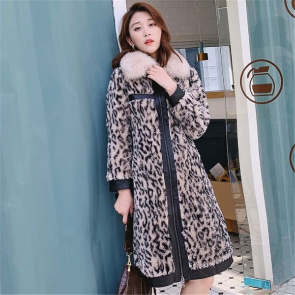 

women's fur & faux vintage leopard coat women 2021 autumn winter zipper lambswool overcoat ladies turn-down collar mid long outwear ds8, Black