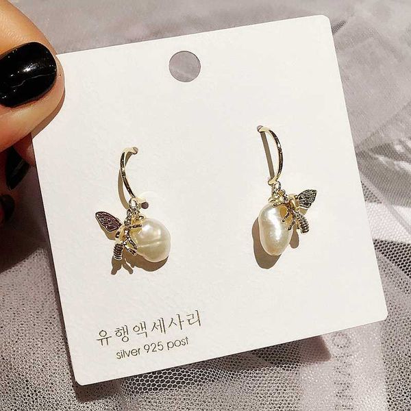 

gold color dangle earrings delicate metal bee freshwater pearl earrings fashion women girls jewelry, Silver