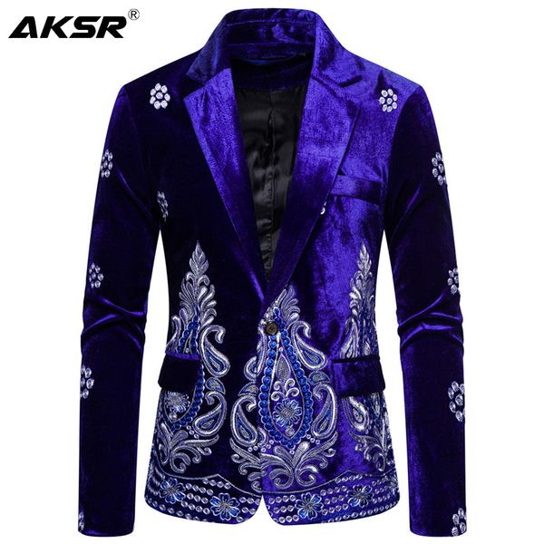 

aksr men's suit jackets formal wear elegant velvet one button men's silver embroidered suit dress costume v-neck pattern slim, White;black