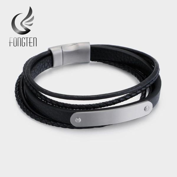 

charm bracelets fongten vintage black leather bracelet stainless steel punk man fashion jewelry, Golden;silver