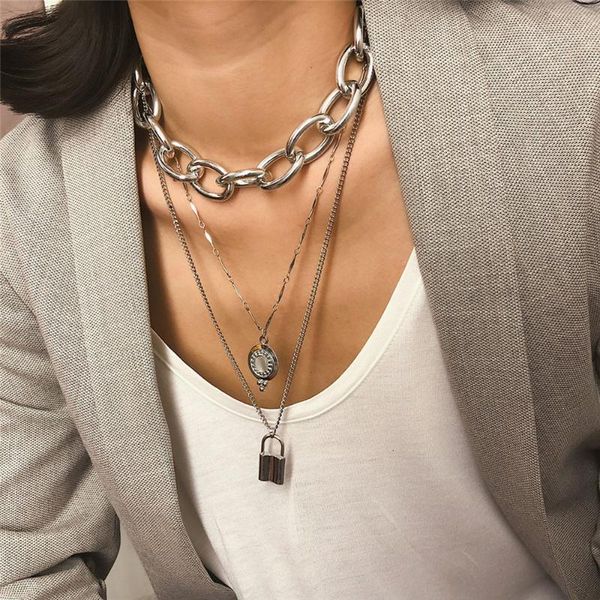 

chains vintage multi layered aluminium choker necklace collar statement alloy lock pendant for women jewelry gifts, Silver