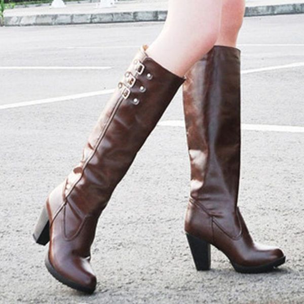

на складе классический большой размер 43 vintage high heels knee high ladies winter boots ботинки женщин ретро езда сапоги обувь, Black