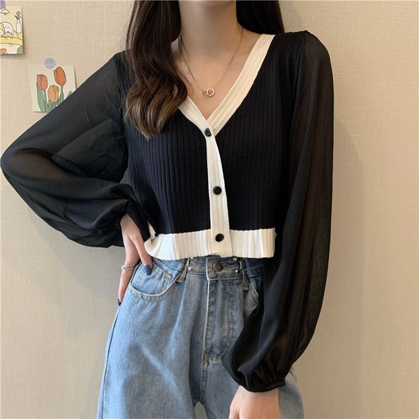 

women's knits & tees women patchwork knitted crop v neck chiffon long sleeve button up sweater cardigans 2021 autumn female elegant, White