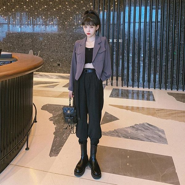 

women's two piece pants normcore style salt series handsome short suit, female 2021 autumn high waist harem two-piece set, White