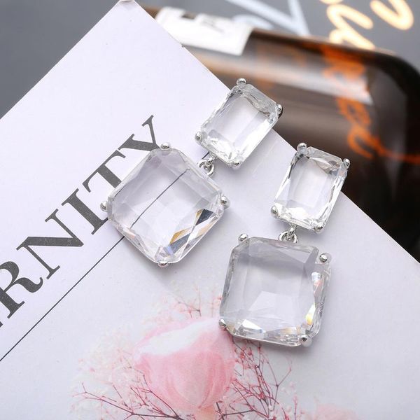 

new design double square glass drop earrings for women silver shiny geometric dangle earrings girls wedding party gift 2020