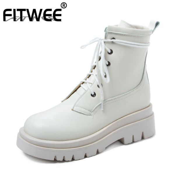 

fitwee women ankle boots pu leather cross strap fashion platform winter shoes woman warm thick heel short boot size 34-42, Black