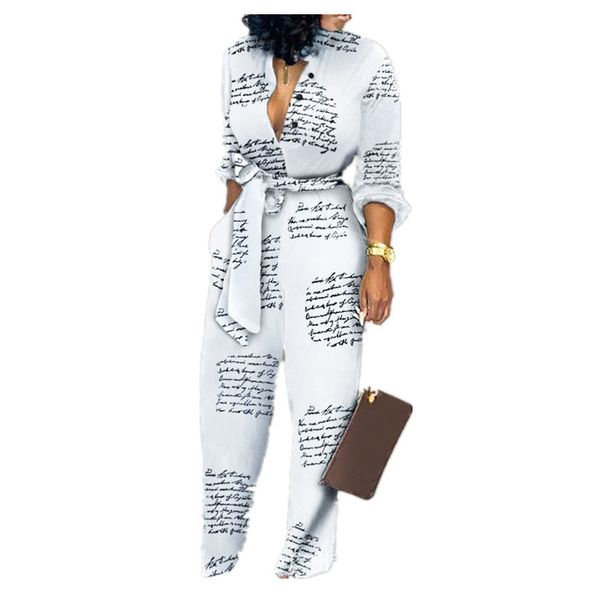 

wholesale dropshipping casual batik long sleeve full length romper v neck letter print with sashes jumpsuits for women, Black;white