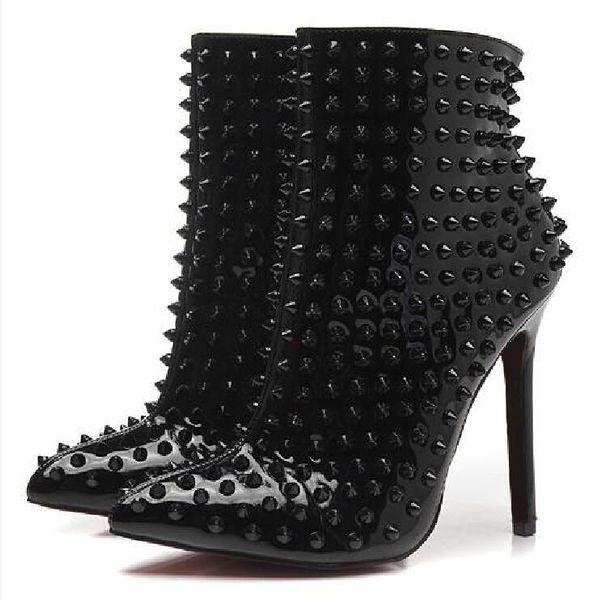 

women thin high heel ankle boots women red bottom pointed toe short boots rivets studded spike love graffiti short botas zapatos mujer, Black