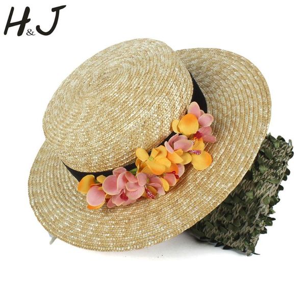 

wide brim hats 2021 women sun hat 100% wheat straw lady summer flat sunbonnet boater beach with fashion flower drop size 56-58cm, Blue;gray
