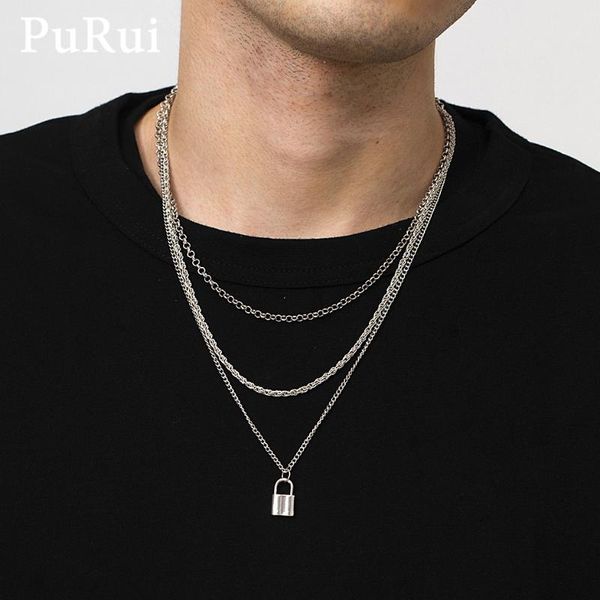

purui 4pc layered chains necklace for women punk simple gothic padlock pedant necklace men's hip-hop neck collar jewelry charm, Silver
