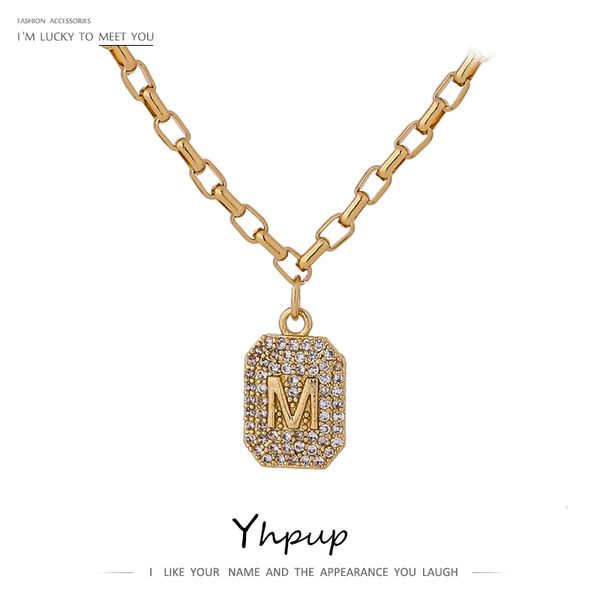 

yhpup exquisite square letter m pendant cz necklace delicate bling cubic zirconia choker copper necklace jewelry party gift, Silver