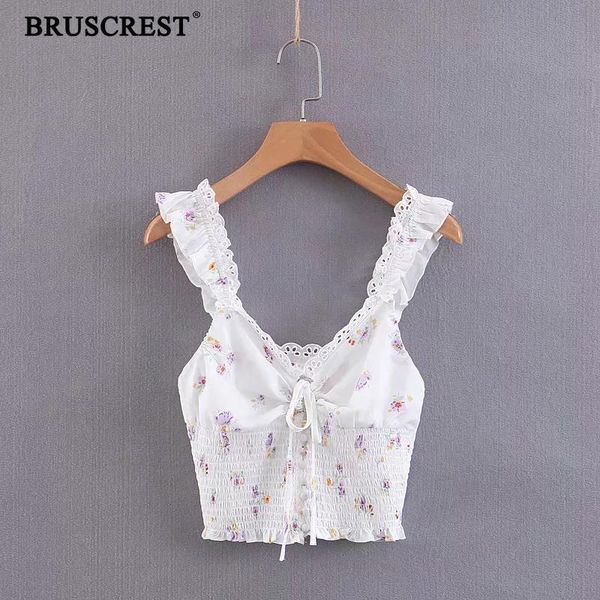

women's tanks & camis sleeveless crop women boho vintage lace floral white tank summer korean clotehes elastic bow ruffles ves